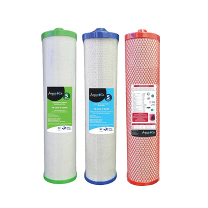 Premium 20” x 4.5” Sediment, Carbon & Aragon Replacement Filters.